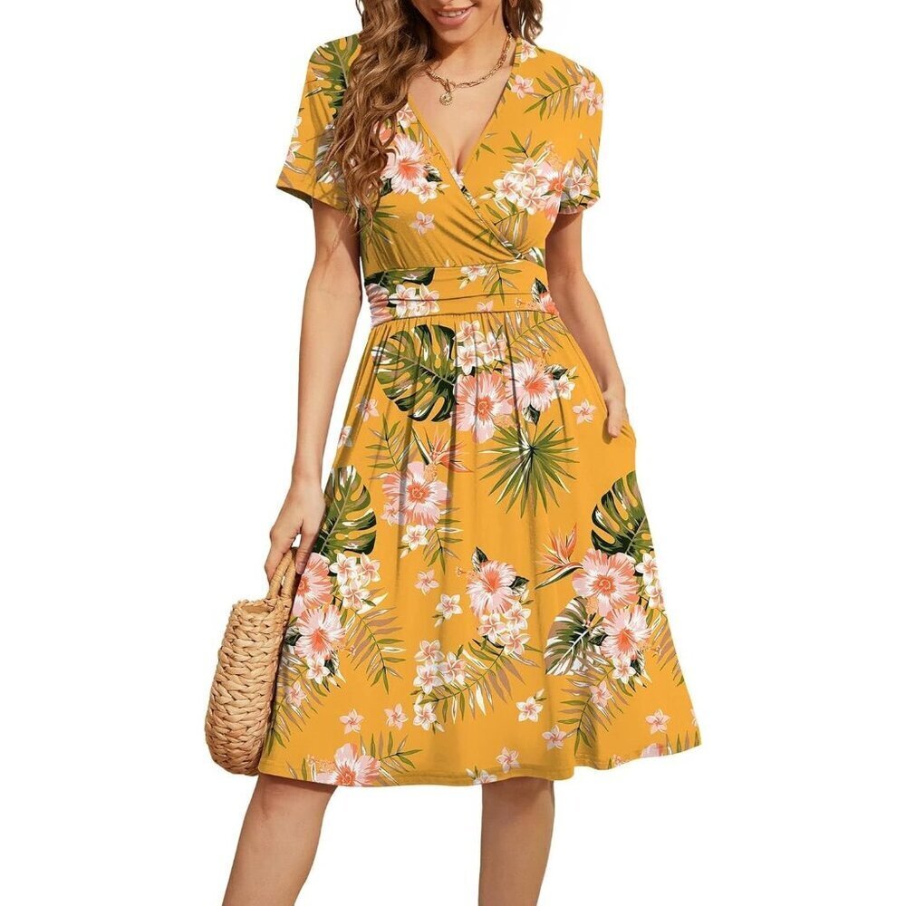 Women Green Leaf  Short Sleeve V-Neck Floral Stretchy Party Dress with Pockets